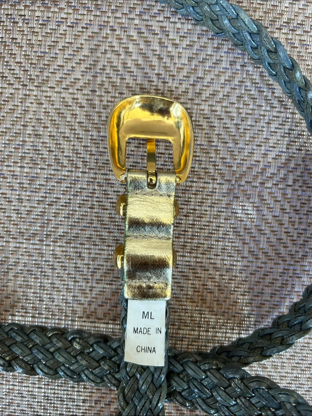 Woven gray shiny women’s Belt with Gold Buckle. Size M/L
